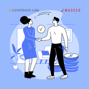 Illustration of man and woman shaking hands, stack of US dollar coins, a soga and a plant behind them