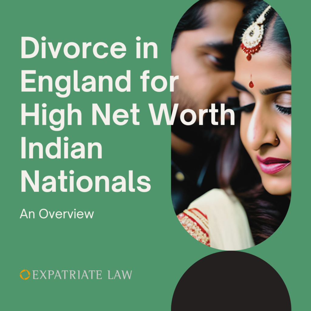 Text reads: "Divorce in England for High Net Worth Indian Nationals" with a cropped image of an Indian couple on their wedding day. Expatriate Law logo.