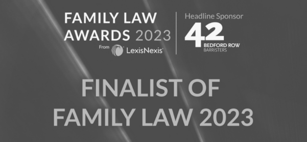 LexisNexis Family Law Awards 2023 | Headline Sponsor 42 Bedford Row Barristers. Finalist of Family Law 2023 graphic in black and white.