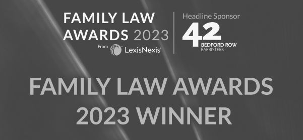 Family Law Awards 2023 by Lexis Nexis. Headline sponsor - 42 Bedford Row Barristers. Family Law Awards 2023 Winner logo.