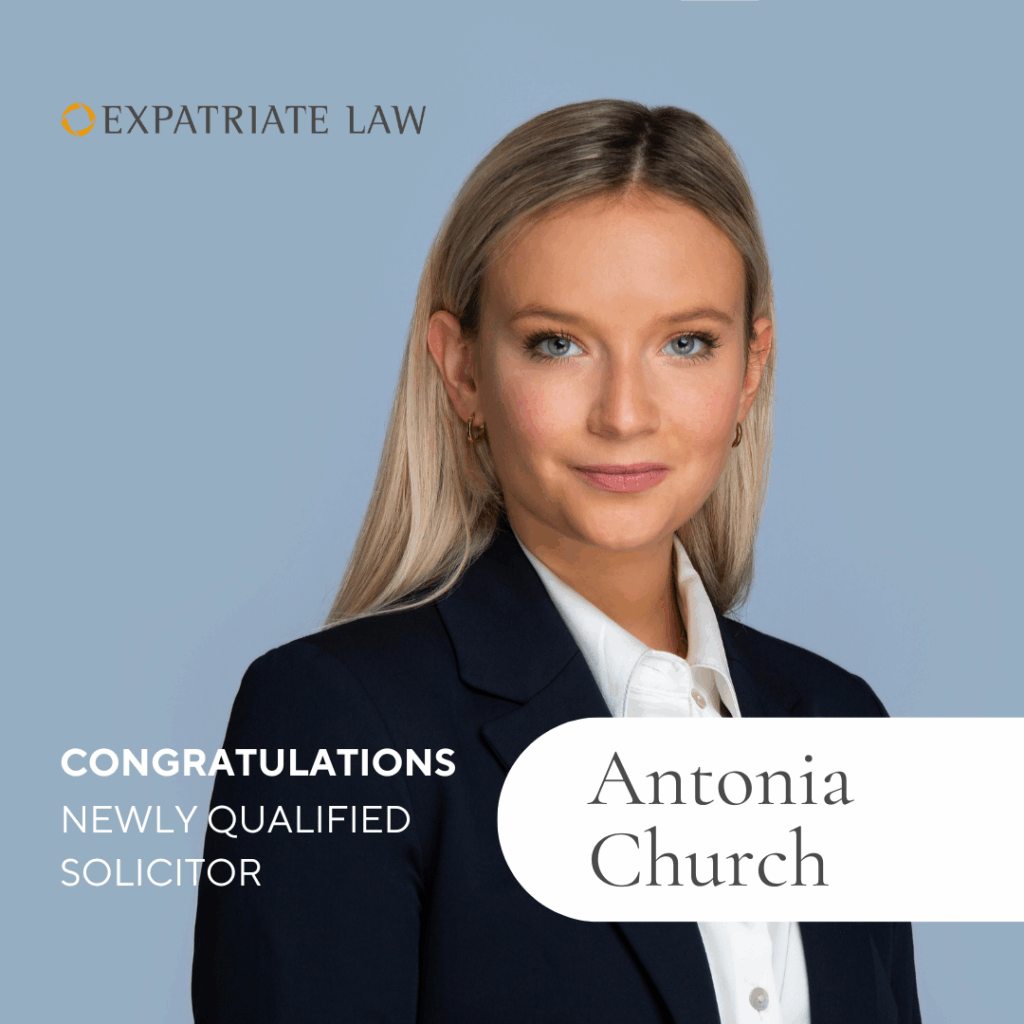 Congratulations Antonia Church - Newly Qualified Solicitor - showing a photograph of Antonia Church with long straight blonde hair tucked behind her ears. Antonia wears a dark blazer and white silk shirt, unbuttoned at the collar.